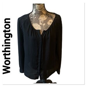 WORTHINGTON Black Lace Inset Blouse Size XL